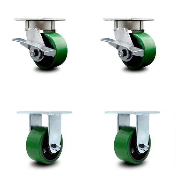 4 Inch Kingpinless Green Poly on Steel Wheel Caster Brakes 2 Rigid SCC, 2PK